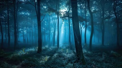 Naklejka premium Tranquil Foggy Forest Under Soft Moonlight