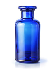 Elegant cobalt blue glass bottle with stopper, showcasing a modern apothecary or laboratory aesthetic with clean lines and a luminous glow