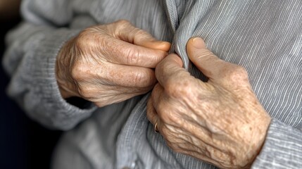 Fototapeta premium Overcoming obstacles, A Parkinson's patient's daily struggle:Close-up of trembling hands of a Parkinson's patient,Elderly man struggling with buttoning shirt due to Parkinson's disease