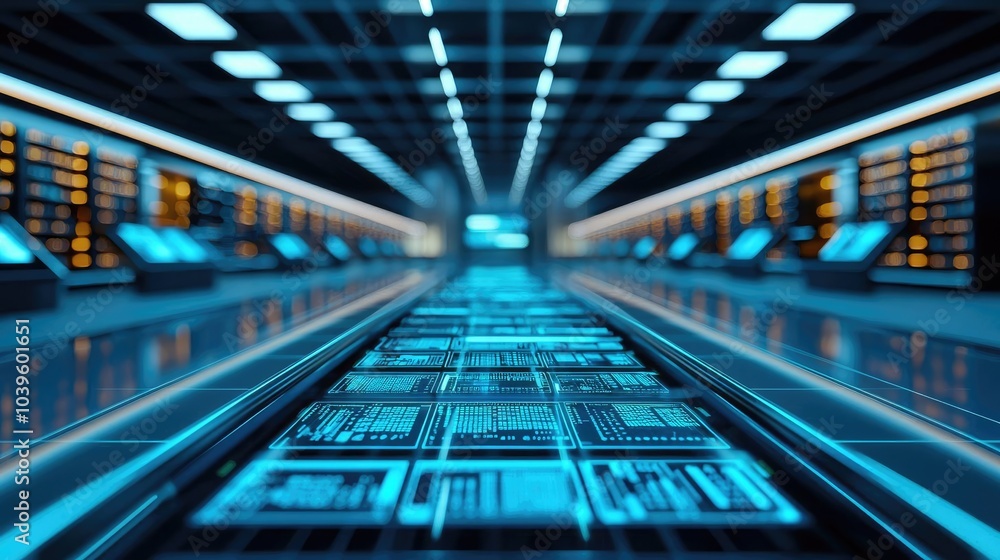Poster futuristic data center with glowing panels and advanced technology.