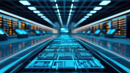 Futuristic data center with glowing panels and advanced technology.