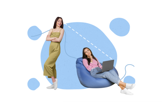 3d retro abstract creative artwork template collage of two woman sitting beanbag laptop user fraud oversee steal personal data dangerous