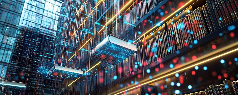 Aufkleber Futuristic digital library with floating books and vibrant light patterns.