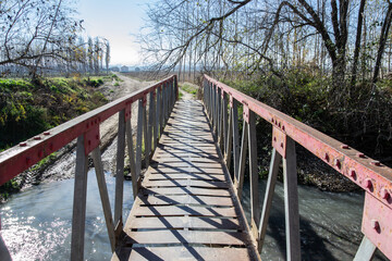 Obraz premium crossing a metal bridge over a fast-flowing river with leafless poplars in Fuente Vaqueros