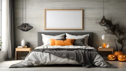 Modern minimalist wall art mockup of bed room for Halloween, blank frame for wall art mockup of bed room, Halloween and Christmas spooky scary vibes of the room interior design