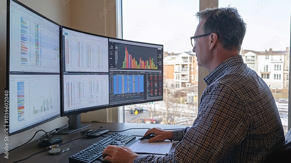 Poster A businessman sits at his desk, analyzing data on multiple computer screens.