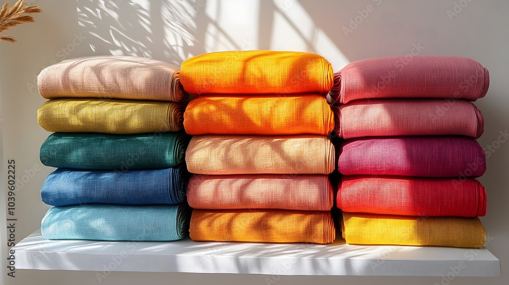 Poster stacks of folded colored cloth on minimalist shelf with soft shadows