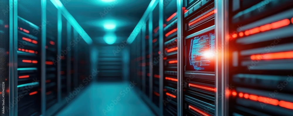 Poster data center interior with illuminated server racks and bright lights.
