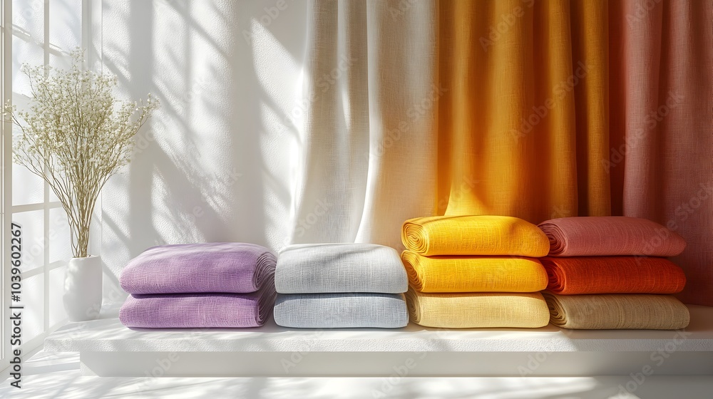 Aufkleber neatly folded fabric stacks on minimalist shelf with soft shadows