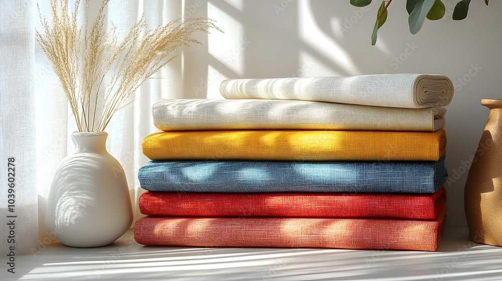 Poster folded fabric textiles showcased on minimalist shelf with soft shadows