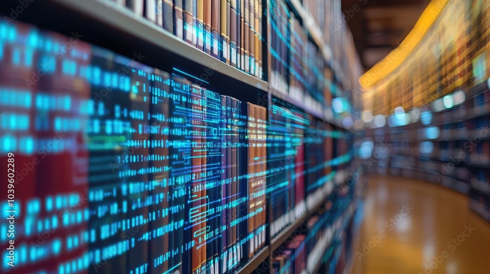 Aufkleber modern library with digital data representation and books on shelves