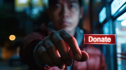 A persona??s hand hovering over a "Donate Now" button on a fake charity website, with a concerned look on their face, highlighting charity scams.