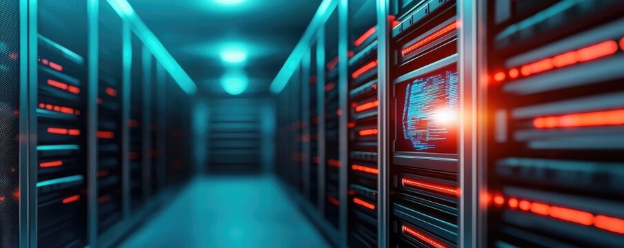 Data center interior with illuminated server racks and bright lights.