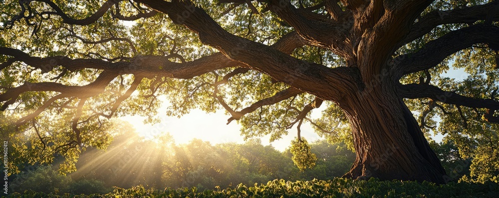 Aufkleber Majestic tree with sunlight filtering through its branches in a serene landscape.