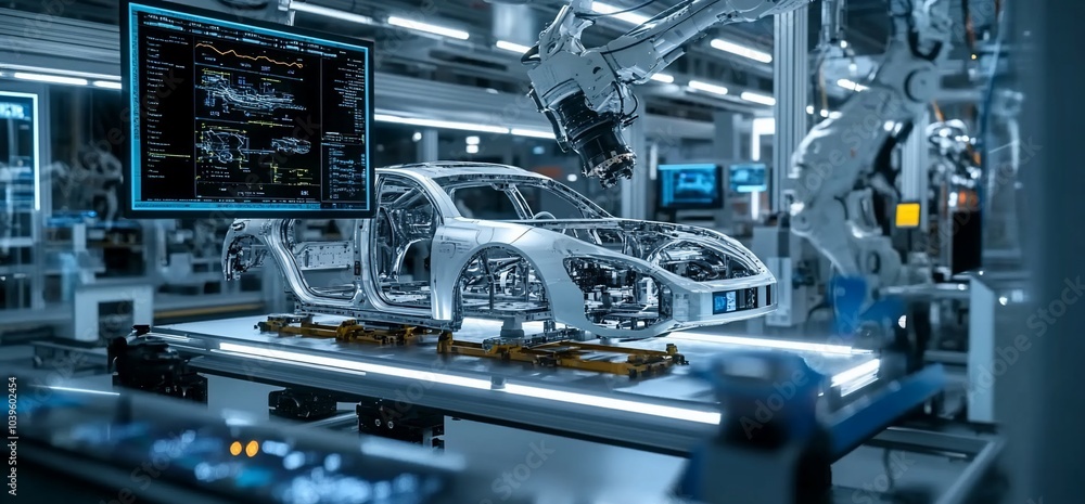 Poster A car body on an automated assembly line being inspected by robotic arms in a factory.
