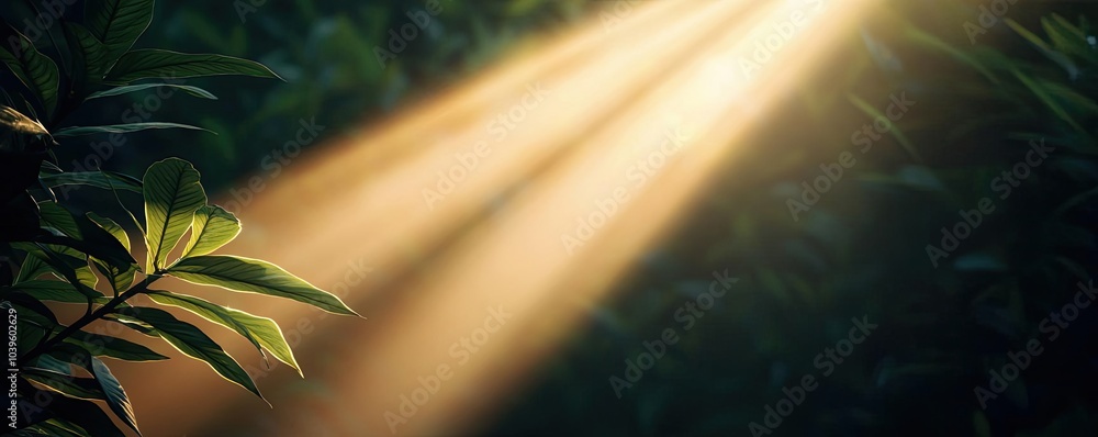 Poster Sunlight filtering through leaves in a lush forest setting.