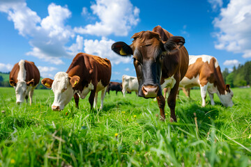 Several cows are grazing on a green lawn. Farm cattle concept
