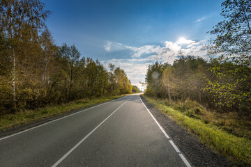 A road with trees in the background and a clear blue sky