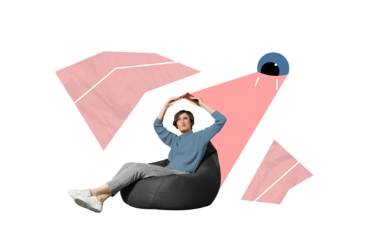 Creative abstract template collage of irritated young woman sit beanbag book roof protect prevent spying big eye authorities hacker - Powered by Adobe