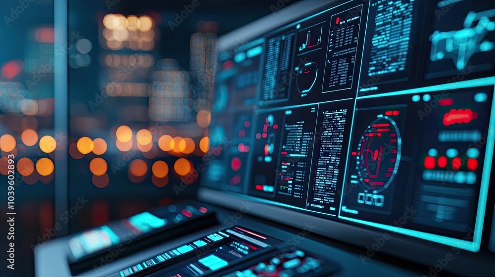 Poster futuristic control room interface with data screens, illuminated night city backdrop.