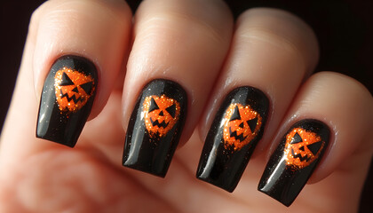 Close-up of a woman's hand with a Halloween night nail design. Halloween Nail Art. Spooky manicure. Halloween holiday. Nail trends