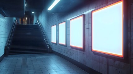 Blank Advertising Billboards on Subway Wall with Illuminated Staircase