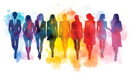 Watercolor Silhouette of Diverse Business People in a Row