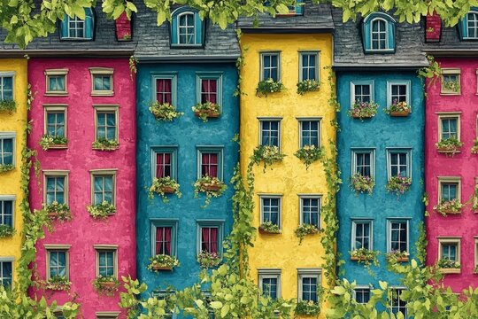 Row of colorful townhouses in a vibrant neighborhood symbolizing urban living modern architecture and artistic interpretations of residential design