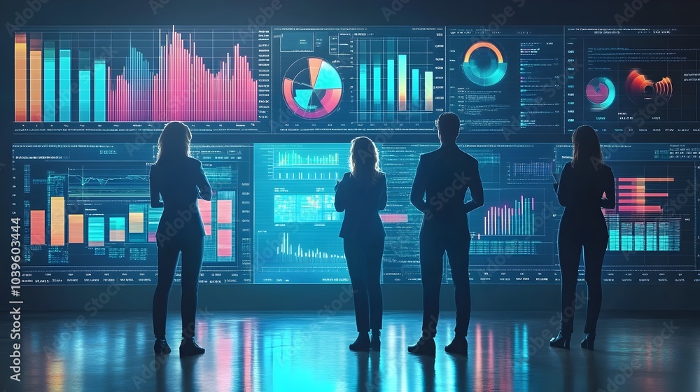 Poster silhouetted figures analyzing digital data analytics dashboard