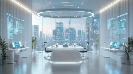 Futuristic Office Interior with City Skyline