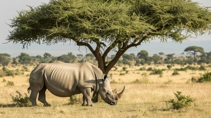 Fototapeta premium Northern White Rhino Under Tree in Savanna Landscape
