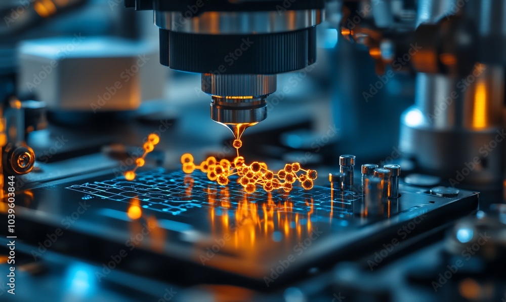 Poster a close-up of a microscope dispensing a liquid onto a grid of molecules. the molecules glow brightly