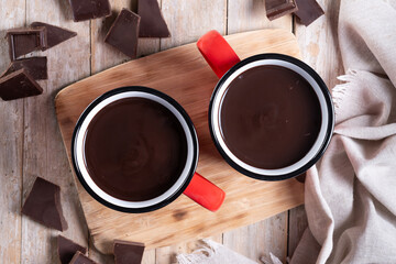 Hot chocolate drink in red mug on wooden table. Top view