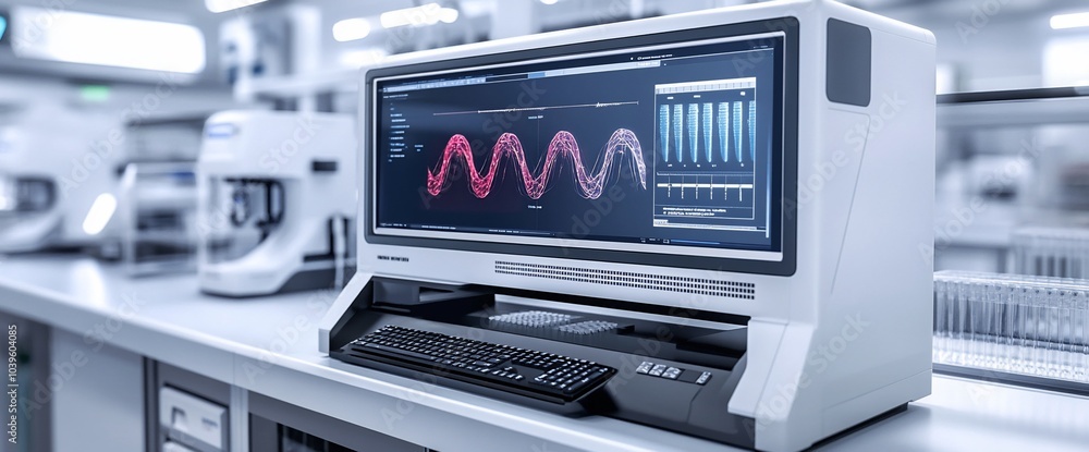 Aufkleber A close-up shot of a computer monitor displaying data, showing a sine wave graph in a laboratory.