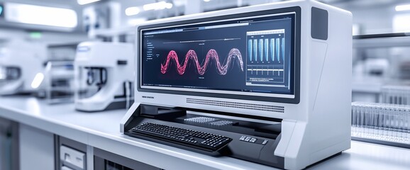 A close-up shot of a computer monitor displaying data, showing a sine wave graph in a laboratory.