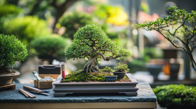 A tranquil bonsai garden with pruning tools and miniature trees, Japanese bonsai cultivation style, photo of