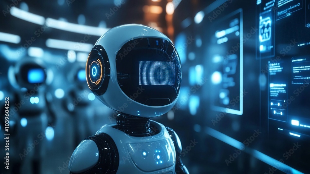 Poster A close-up shot of a futuristic robot in a high-tech environment, with other robots and digital displays in the background.