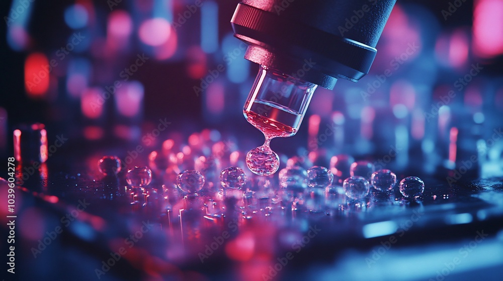 Poster a close-up shot of a pipette dropping a red liquid onto a surface with many transparent spheres, bac