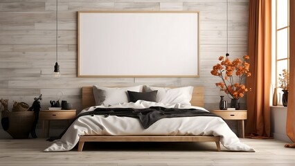 Modern minimalist wall art mockup of bed room for Halloween, blank frame for wall art mockup of bed room, Halloween and Christmas spooky scary vibes of the room interior design
