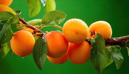 Apricots on a branch on a green background