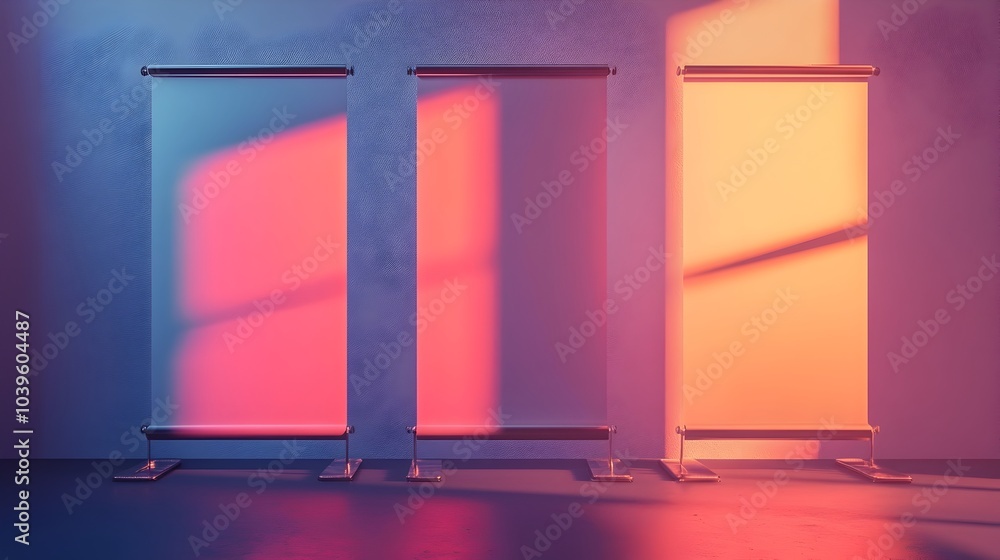 Poster three blank roll up banners in a studio with colorful gradient background