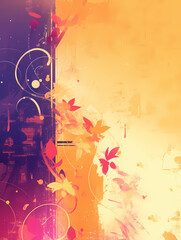 Obraz premium Abstract background featuring a vibrant mix of orange, yellow, and pink, with stylized floral patterns and a distressed texture, creating a bold and energetic design.