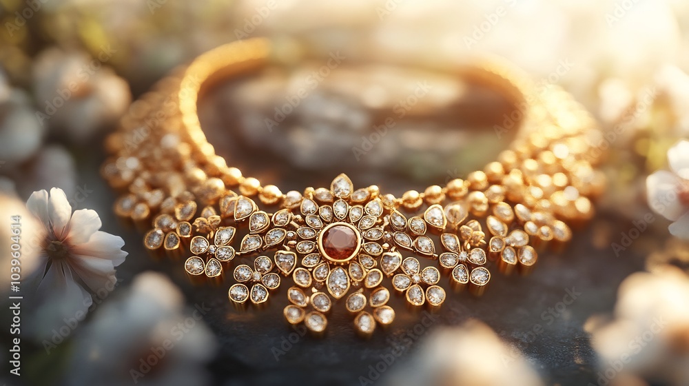 Poster intricately designed 3d gold necklace radiant stones resting on a minimalist background emphasizing 