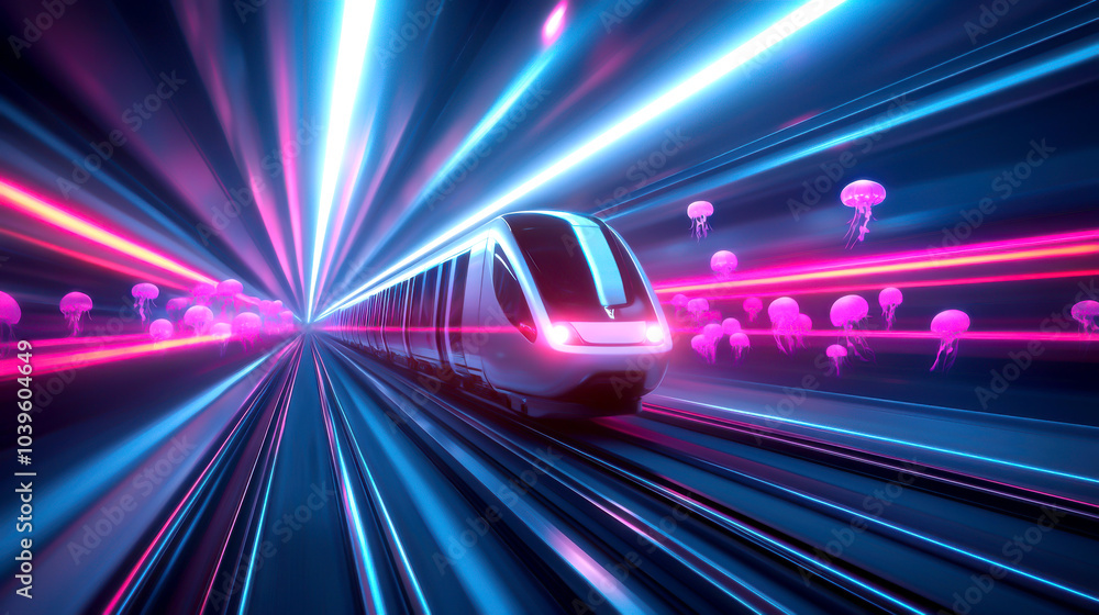 Poster a futuristic train travels through a vibrant tunnel illuminated by neon lights, creating a mesmerizi