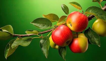Obraz premium Apples on a branch on a green background