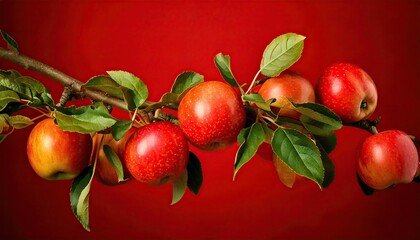 Obraz premium Apples on a branch on a red background