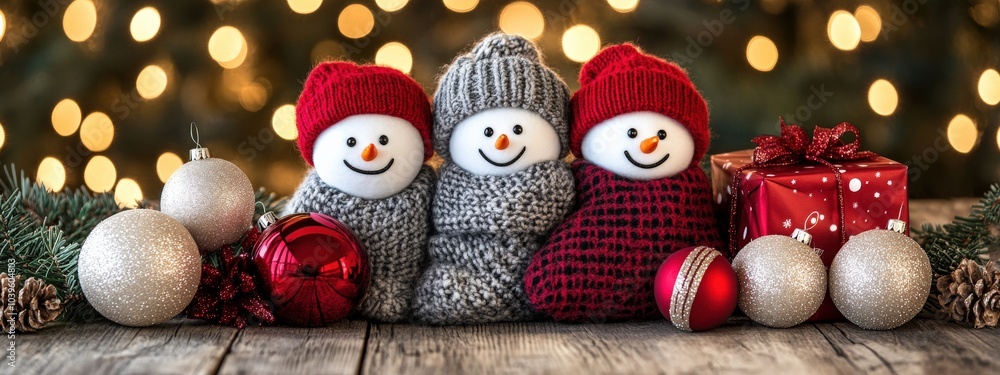 Poster three snowmen are sitting on a table with a red box in the middle