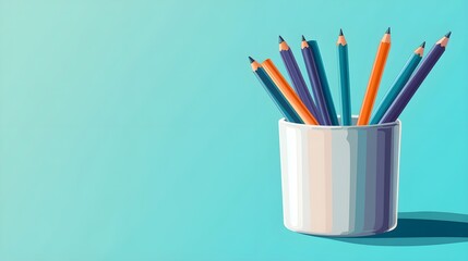 Obraz premium Colorful Pencils in a White Cup on a Teal Background