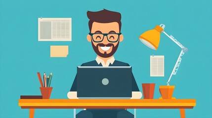 Happy Businessman Working on Laptop at Desk with Papers and a Lamp
