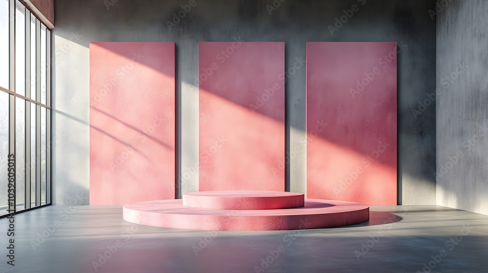 Poster empty exhibition space with three pedestals for product presentation in 3d rendering